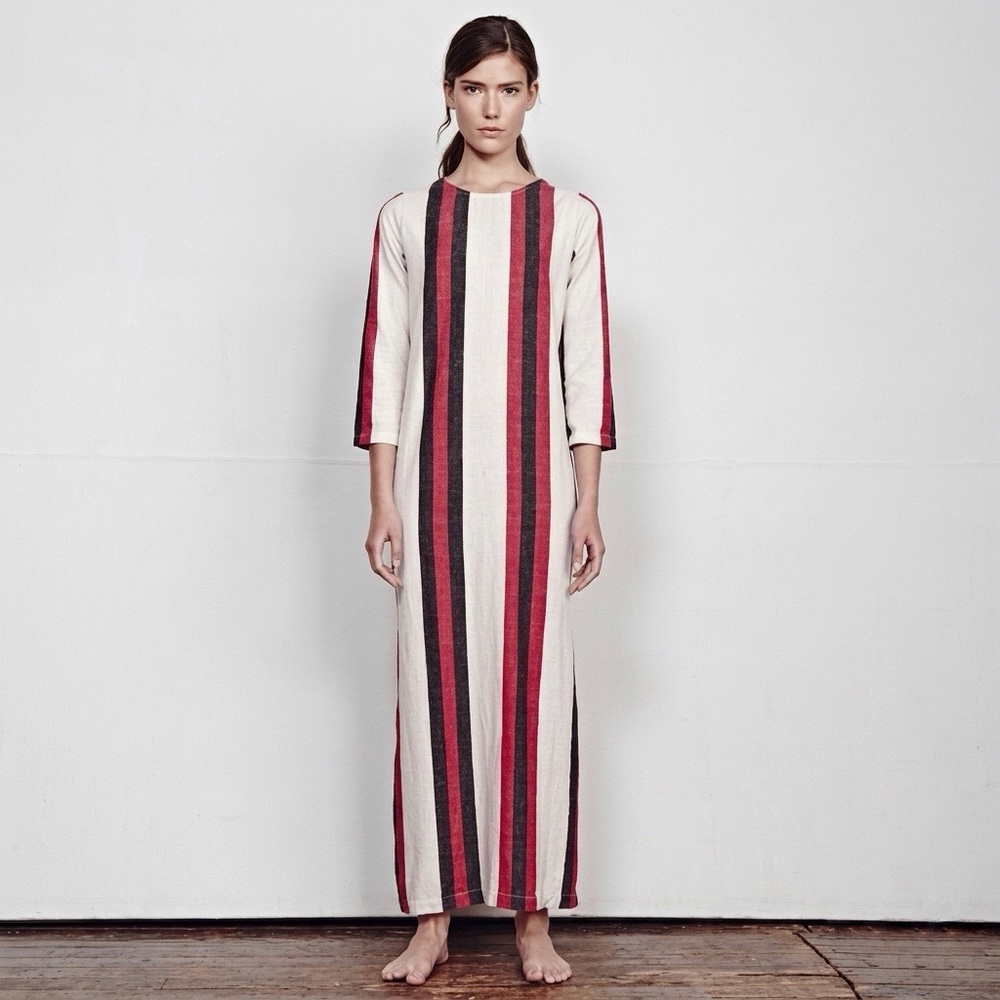 Ace & Jig Talia Maxi Dress (Sz L) 3/4 Sleeve Cotton Tribe Stripe Ivory Red Black